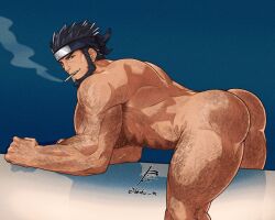 1boy abs absurdres all_fours alternate_body_hair arm_hair ass ass_hair back bara beard black_hair cheekbones chest_hair cigarette commission completely_nude facial_hair feet_out_of_frame forehead_protector from_side hair_slicked_back hairy highres konohagakure_symbol leg_hair loboke looking_at_viewer male_focus mature_male muscular muscular_male naruto_(series) naruto_shippuuden navel navel_hair nude pectorals presenting sarutobi_asuma second-party_source seductive_smile short_hair signature smile smirk smoke smoke_trail smoking solo stomach strongman_waist thick_eyebrows thick_thighs thighs triceps