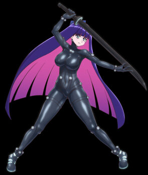 1girl aqua_eyes black_background black_bodysuit bodysuit breasts colored_inner_hair full_body gantz gantz_suit highres holding holding_sword holding_weapon impossible_bodysuit impossible_clothes large_breasts latex latex_bodysuit long_hair looking_at_viewer multicolored_hair panty_&amp;_stocking_with_garterbelt purple_hair sachisuki_gyoko skin_tight solo stocking_(psg) sword two-tone_hair very_long_hair weapon