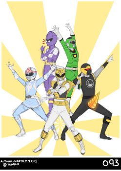 2girls 3boys \m/ animification autumn-north bodysuit character_request dino_buckler drill fabulous gosei_sentai_dairanger group_picture helmet highres kiba_ranger mighty_morphin_power_rangers mighty_morphin_white_ranger multiple_boys multiple_girls object_on_head panties panties_on_head phallic_symbol power_rangers power_rangers_ninja_storm power_rangers_turbo sexually_suggestive super_sentai underwear what