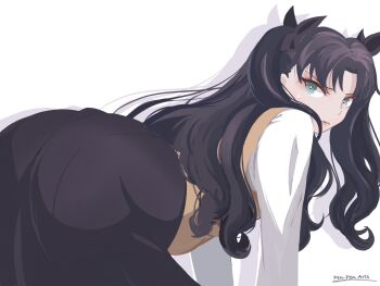 1girl all_fours aqua_eyes ass black_hair black_skirt closed_mouth fate/stay_night fate/unlimited_blade_works fate_(series) hair_ribbon highres lips long_hair looking_at_viewer looking_back pen-pen_arts ribbon scene_reference shirt simple_background skirt solo sweatdrop tohsaka_rin two_side_up v-shaped_eyebrows very_long_hair vest white_background white_shirt yellow_vest