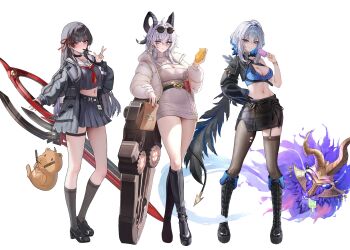 1girl absurdres adapted_costume ahoge arm_cutout bag black_boots black_choker black_hair black_horns black_jacket black_nails black_pantyhose black_shirt black_shoes black_skirt black_socks black_tail black_thighhighs black_wings blue_bra blue_hair boots bra breasts bubble99 chimera_(wuthering_waves) chisa_(wuthering_waves) choker cleavage_cutout closed_mouth clothing_cutout colored_inner_hair commentary cropped_jacket curled_horns derivative_work down_jacket dress earrings elbow_rest eyewear_on_head feathered_wings fingernails food food_in_mouth full_body galbrena_(wuthering_waves) grey_dress grey_hair hair_between_eyes hair_ribbon hand_on_own_hip hand_up highres holding holding_bag holding_food holding_popsicle holding_sword holding_weapon horns jacket jewelry knee_boots lace-up_boots large_breasts light_smile long_hair long_sleeves looking_at_viewer medium_breasts medium_hair midriff multicolored_hair nail_polish namipon_(wuthering_waves) navel neckerchief necklace official_alternate_costume open_clothes open_jacket pantyhose pocky pocky_in_mouth popsicle purple_eyes red_eyes red_neckerchief red_ribbon ribbon sailor_collar shield shirt shoes simple_background single_sleeve single_thighhigh single_wing skirt smile socks solo standing stomach streaked_hair sunglasses sweater sweater_dress sword symbol-only_commentary tacet_discord_(wuthering_waves) tachi-e taiyaki thigh_strap thighhighs thighs torn_clothes torn_pantyhose turtleneck turtleneck_dress underwear v wagashi watermark weapon white_background white_jacket white_sailor_collar wings wuthering_waves zani_(downtown_repose)_(wuthering_waves) zani_(wuthering_waves)