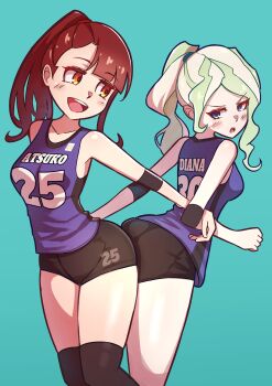 2girls :d absurdres aqua_background arm_strap ass-to-ass assisted_stretching black_thighhighs blonde_hair blue_eyes blue_tank_top breasts brown_eyes brown_hair diana_cavendish elbow_pads high_ponytail highres jersey kagari_atsuko little_witch_academia madabau medium_breasts multiple_girls open_mouth ponytail short_shorts shorts simple_background smile sportswear tank_top thighhighs thighs v-shaped_eyebrows volleyball_uniform