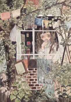 Rule 34 | 1girl, blunt bangs, blush, brick wall, brown eyes, brown hair, commentary request, curtains, expressionless, flower, foliage, highres, karintoun, leaf, long hair, looking at viewer, original, outdoors, painting (medium), plant, portrait, potted plant, rose, shirt, shy, simple background, traditional media, tree, vase, watercolor (medium), wavy hair, white shirt, window