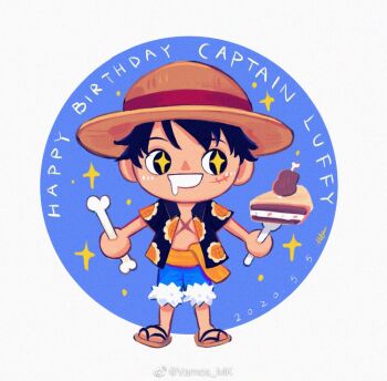 1boy black_hair black_shirt blue_shorts bone boned_meat cake cake_slice chibi chibi_only drooling food happy_birthday hat holding holding_bone male_focus meat monkey_d._luffy mouth_drool one_piece scar scar_on_chest scar_on_face shirt short_hair shorts solo sparkling_eyes straw_hat vamos_mk white_background