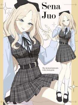 Rule 34 | 1girl, :p, absurdres, alternate costume, black ribbon, black shoes, blonde hair, blush, brown dress, character name, commentary request, dress, dress shirt, eeekusuhsss, english text, gakuen idolmaster, highres, idolmaster, juo sena, kneehighs, long hair, long sleeves, looking at viewer, multiple views, neck ribbon, pinafore dress, ribbon, shirt, shoes, sitting, sleeveless, sleeveless dress, smile, socks, sparkle, standing, tongue, tongue out, v-shaped eyebrows, white shirt, white socks