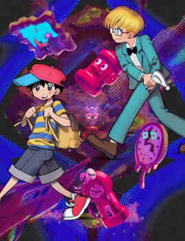 Rule 34 | 2boys, abstract art (mother 2), abstract background, aqua jacket, aqua pants, backpack, bag, black bow, black hair, blonde hair, blue eyes, blue shorts, bow, bowl cut, brown shoes, collared shirt, commentary request, dali's clock, enraged fire plug, gun, hat, highres, holding, holding gun, holding weapon, jacket, jeff andonuts, male focus, mani mani statue, moonside, mother (series), mother 2, multiple boys, ness (mother 2), nintendo, open mouth, pants, purple eyes, red hat, red shoes, robo-pump, shirt, shoes, short hair, shorts, sneakers, socks, striped clothes, striped shirt, sweatdrop, user zpnu2438, weapon, white shirt, white socks