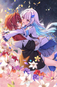 Rule 34 | 2girls, :d, ange katrina, ange katrina (1st costume), armband, arms around neck, artist name, black background, black coat, blue armband, blue eyes, blue hair, blue skirt, blue thighhighs, blurry, blurry foreground, blush, cardigan, character name, coat, colored inner hair, commentary request, copyright name, dated, depth of field, falling flower, falling petals, flower, flower request, frilled skirt, frilled sleeves, frills, hair intakes, hair ornament, hands on another's waist, highres, hug, kuro-kun (nablack), light particles, lize helesta, lize helesta (1st costume), long bangs, long hair, long sleeves, looking at another, medium hair, miniskirt, multicolored hair, multiple girls, nijisanji, off shoulder, open mouth, petals, pleated skirt, purple eyes, purple flower, red cardigan, red flower, red hair, shirt, shrug (clothing), skirt, smile, streaked hair, thighhighs, two-tone hair, very long hair, virtual youtuber, watermark, web address, white flower, white hair, white shirt, white shrug, yellow flower