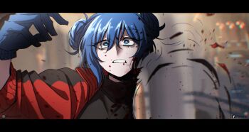 1girl amputee black_shirt blood blue_eyes blue_gloves blue_hair double_bun gloves hair_bun harashu_(harashu96) highres jacket kotobukiya_bishoujo missing_limb orion_pax orion_pax_(transformers_one) red_jacket severed_limb shirt transformers transformers_one