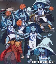 Rule 34 | 1boy, 2girls, :d, ankle socks, ball, basketball, basketball (object), basketball hoop, basketball uniform, blue hair, blue skin, colored skin, d:, dress, elden ring, extra arms, extra faces, frown, goldmask (elden ring), hat, helmet, highres, impact (font), long dress, long hair, malenia blade of miquella, miyan (oceanmaiden), multiple girls, multiple views, one eye closed, open mouth, ranni the witch, shoes, shorts, simple background, smile, sneakers, socks, sportswear, white socks, witch hat
