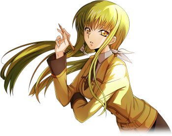 1girl artist_request belt black_necktie black_skirt breasts buttons c.c. code_geass code_geass:_lost_stories collared_shirt double-breasted female_focus floating_hair game_cg green_hair hair_ribbon hand_up holding holding_pencil jacket leaning_forward long_hair long_sleeves looking_at_viewer medium_breasts necktie non-web_source official_art parted_lips pencil ribbon school_uniform shirt sidelocks simple_background skirt solo teeth transparent_background twintails white_ribbon white_shirt yellow_eyes yellow_jacket