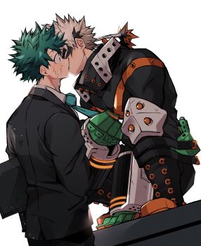 Rule 34 | 2boys, aged up, bakugou katsuki, between legs, black boots, black jacket, black mask, black pants, blonde hair, blue necktie, boku no hero academia, boots, carrying, carrying under arm, chiyaya, clothes grab, collared shirt, colored shoe soles, explosive, eye contact, eye mask, face-to-face, facial scar, film grain, freckles, from side, gloves, green eyes, green gloves, green hair, grenade, grey shirt, hand between own legs, hand rest, hand up, high collar, highres, jacket, kiss, knee boots, knee pads, long sleeves, looking at another, male focus, mask, midoriya izuku, multicolored gloves, multiple boys, necktie, necktie grab, neckwear grab, orange gloves, pants, pants tucked in, pocket, profile, scar, scar on cheek, scar on face, shirt, short hair, simple background, single horizontal stripe, slav squatting, spiked hair, squatting, sweat, two-sided gloves, two-tone gloves, white background, yaoi, yellow eyes