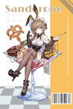 1girl absurdres alternate_costume animal_ears black_shoes blue_eyes breasts brown_hair brown_thighhighs character_name cleavage commentary_request crossed_legs detached_sleeves fake_animal_ears fork full_body genshin_impact high_heels highres holding holding_fork komiya_latte leotard long_hair long_sleeves looking_at_viewer parted_lips playboy_bunny rabbit_ears sandrone_(genshin_impact) shoes sitting solo thighhighs