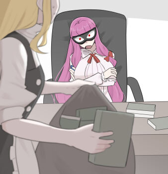 Rule 34 | 2girls, absurdres, apron, black skirt, black vest, blonde hair, blue bow, book, bow, commentary, crossed arms, dress, drooling, english commentary, facing viewer, hair bow, highres, holding, holding book, holding sack, kirisame marisa, long hair, long sleeves, looking at another, mata (matasoup), multiple girls, neck ribbon, open mouth, patchouli knowledge, pink dress, puffy short sleeves, puffy sleeves, purple hair, red bow, red ribbon, ribbon, sack, shirt, short sleeves, sitting, skirt, sleep mask, sleeping, theft, touhou, very long hair, vest, waist apron, white apron, white shirt