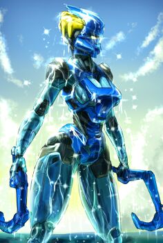 1girl bionicle breasts cleavage curvy dual_wielding gali_(bionicle) glowing glowing_eye highres holding holding_weapon hook humanoid_robot large_breasts looking_to_the_side oberon826 redesign robot sky solo sparkle the_lego_group thick_thighs thighs weapon wet yellow_eyes