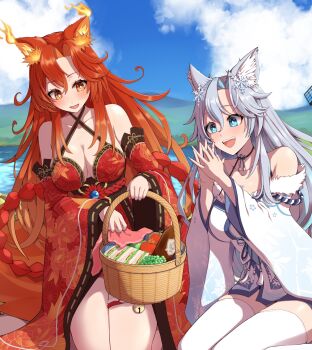 2girls animal_ears bell blue_eyes blue_nails breasts bright_pupils cloud collarbone commentary commission english_commentary fiery_ears floral_print floral_print_kimono food fox_ears fox_girl fox_tail grey_hair hair_ornament highres indie_virtual_youtuber japanese_clothes kimono long_hair mariebell multiple_girls open_mouth orange_eyes orange_hair picnic_basket print_kimono red_kimono red_sleeves sandwich short_kimono sky smile smug_alana snowflake_hair_ornament snowflake_print tail teeth thighhighs upper_teeth_only vgen_commission virtual_youtuber white_kimono white_pupils white_sleeves white_thighhighs wide_sleeves