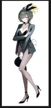 Rule 34 | alternate costume, animal ear hairband, animal ears, blue archive, fake animal ears, fishnet pantyhose, fishnets, full body, fuyu (blue archive), green eyes, green hair, green halo, hairband, halo, highres, leotard, pantyhose, playboy bunny, rabbit ear hairband, rabbit ears, sak (lemondisk), simple background, white background