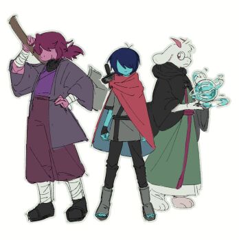 1boy 1girl 1other axe bandaged_arm bandages black_cloak black_gloves blue_hair blue_skin cape cloak colored_skin commentary deltarune english_commentary fingerless_gloves furry furry_female furry_male glasses gloves goat_boy goat_horns green_robe grey_haori hand_on_own_hip highres holding holding_axe hood hooded_cloak horns hydrokinesis kris_(dark_world)_(deltarune) kris_(deltarune) pants pink_eyes pink_horns ponytail purple_hair purple_pants purple_shirt ralsei red_cape reptile_girl robe round_eyewear shirt susie_(deltarune) sword utdr_(toby_fox) water weapon yokuyo