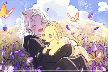 1girl ^_^ aged_down animal argos_(ff14) black_robe blue_sky bruise bruise_on_face bug butterfly child closed_eyes cloud cloudy_sky day dog facing_viewer falling_petals field final_fantasy final_fantasy_xiv flower flower_field highres holding holding_animal injury insect long_sleeves medium_hair missing_tooth on_grass open_mouth outdoors petals purple_flower robe sitting sky venat_(ff14) white_hair x_ggi