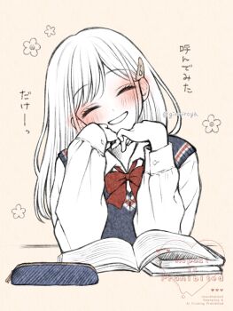 1girl ^_^ blush book bow bowtie closed_eyes collared_shirt commentary_request cropped_torso dot_nose ginniroya grey_sweater_vest grin hair_ornament hairclip hands_up highres long_hair long_sleeves looking_at_viewer open_book original parted_bangs pencil_case pile_of_books red_bow red_bowtie school_uniform shirt smile solo straight_hair sweater_vest translation_request twitter_username watermark white_hair white_shirt