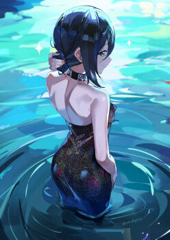 1girl batik black_choker black_dress black_hair chainsaw_man choker closed_mouth dress floral_print floral_print_dress green_eyes grenade_pin hair_bun highres night pool print_dress reze_(chainsaw_man) shafpng smile solo wading water