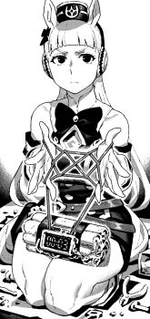 Rule 34 | 1girl, animal ears, armband, bare shoulders, blunt bangs, bomb, bow, bowtie, cat's cradle, closed mouth, dress, dynamite, ear bow, ear covers, ear ornament, ear ribbon, explosive, gloves, gold ship (umamusume), greyscale, highres, horse ears, horse girl, horse tail, ireading, monochrome, o-ring, pillbox hat, seiza, sitting, sleeveless, sleeveless dress, solo, tail, umamusume, white background, white gloves