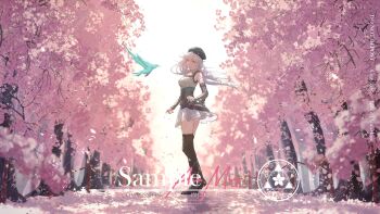 1girl absurdres aura_mage bird boots breasts cherry_blossoms clothes_lift commentary commission dated eiyuu_densetsu english_commentary english_text falling_petals fie_claussell floating_hair flower full_body green_eyes green_hat hat highres kuro_no_kiseki_(series) kuro_no_kiseki_i long_hair looking_at_viewer medium_breasts path petals road scenery skirt skirt_lift smile thigh_boots vgen_commission watermark watermark_grid white_hair