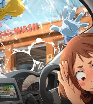 2girls absurdres averting_eyes blue_gloves blue_sky blush blush_stickers boku_no_hero_academia breast_press breasts brown_hair car_interior day gloves green_hair hagakure_toru hand_up highres holding holding_sponge invisible jewelry khyle. large_breasts multiple_girls paid_reward_available ring short_hair sky soap_bubbles sponge steering_wheel uraraka_ochako washing_vehicle