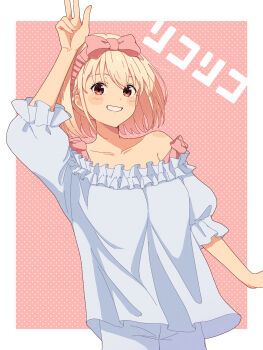 1girl ama_(ama_ekaku) arm_up blonde_hair blush_stickers bob_cut collar collarbone commentary_request copyright_name dot_nose frilled_collar frilled_pajamas frills grin hair_ribbon highres looking_at_viewer lycoris_recoil nishikigi_chisato pajamas pink_ribbon polka_dot polka_dot_background puffy_short_sleeves puffy_sleeves red_eyes ribbon short_sleeves single_bare_shoulder smile solo strap_slip upper_body w w_over_head white_pajamas