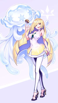 absurdres black_leggings gem gen_7_pokemon gogatsu_no_renkyuu green_eyes green_gemstone highres leggings lusamine_(pokemon) multicolored_leggings nihilego nintendo pokemon pokemon_sm ultra_beast white_leggings