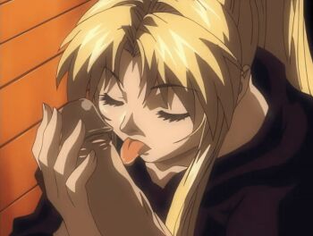 00s 1boy 1girl 2002 animated animated_gif assertive_female bible_black bible_black_night_of_the_walpulgiss blonde_hair closed_eyes fellatio hetero high_ponytail large_penis licking licking_penis long_hair minase_taki naughty_face oral penis penis_grab ponytail robe saeki_kaori smile smirk tagme tongue tongue_out uncensored