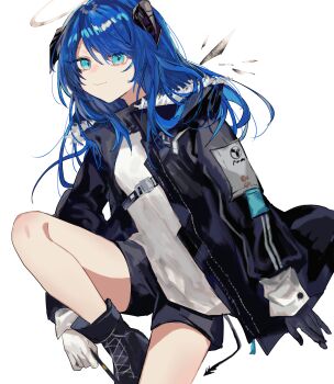 1girl arknights black_jacket black_shoes black_shorts blue_eyes blue_hair buckle commentary_request demon_horns detached_wings fumi_(rdbm) halo highres horns jacket long_sleeves looking_at_viewer mostima_(arknights) shoes shorts simple_background smile snap-fit_buckle solo standing standing_on_one_leg white_background wings