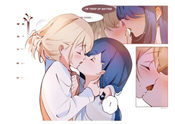 ! 2girls after_kiss arm_around_neck azusawa_kohane blonde_hair blue_hair blush closed_eyes english_text french_kiss grabbing_another&#039;s_hair hair_ornament hairclip hand_in_another&#039;s_hair heart highres holding_another&#039;s_hair kisikarts kiss kiss_meter_(meme) long_hair long_sleeves meme multiple_girls open_mouth project_sekai saliva shiraishi_an shirt short_hair speech_bubble spoken_exclamation_mark star_(symbol) star_hair_ornament tongue tongue_out white_background white_shirt yuri