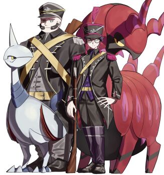 2boys alternate_costume boots buttons closed_mouth coat corbeau_(pokemon) epaulettes facial_hair frown gen_2_pokemon gen_5_pokemon glasses grey_eyes gun hat highres knee_boots long_sleeves looking_to_the_side male_focus military_uniform multiple_boys mutton_chops nintendo pants philippe_(pokemon) pokemon pokemon_(creature) pokemon_legends:_z-a rifle round_eyewear sash scolipede shoulder_sash skarmory standing umebosi_nigame weapon