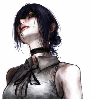 1girl aiomita black_choker blood blood_from_mouth breasts chainsaw_man choker green_eyes hair_between_eyes hair_bun hair_over_one_eye highres looking_at_viewer neck_ribbon purple_hair reze_(chainsaw_man) ribbon shirt simple_background sleeveless sleeveless_shirt solo upper_body white_background white_shirt