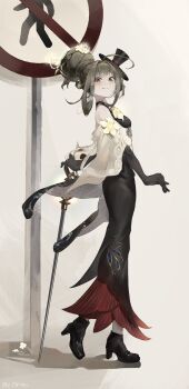 1girl absurdres ahoge artist_name bare_shoulders black_dress black_gloves black_hair black_hat black_shoes cane dress elbow_gloves flower from_side full_body gloves hair_bun hair_flower hair_ornament hat high_heels highres hobble_dress holding holding_cane huge_hair_bun kirifu_(kirifu114514) liqing_(xinyue_tongxing) long_dress looking_at_viewer mini_hat mini_top_hat no_symbol red_eyes road_sign shawl shoes short_hair sign single_side_bun sleeveless sleeveless_dress smile solo top_hat walking white_background white_shawl xinyue_tongxing