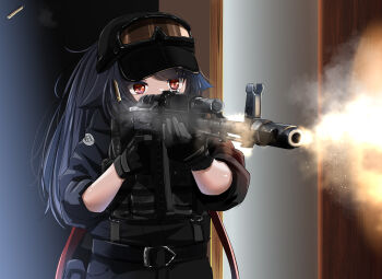 1girl aiming alternate_costume ar-15 assault_rifle baseball_cap belt black_belt black_gloves black_hair black_jacket black_pants black_shirt body_armor bulletproof_vest casing_ejection deltaflair_(vrchat) eyewear_on_headwear firing gloves goggles goggles_on_head goggles_on_headwear gun h&amp;k_hk416 hat highres holding holding_gun holding_weapon indoors jacket load_bearing_vest long_hair long_sleeves m4_carbine military military_uniform muzzle_flash pants ponytail red_eyes rifle scope shell_casing shirt sleeves_rolled_up smoke smoking_barrel solo suzuki-shi tactical_clothes upper_body vertical_foregrip vrchat weapon