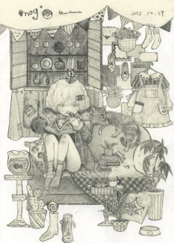 1girl bare_legs blanket blunt_bangs blush book boots bunting candle candy cardigan cat clothes_hanger commentary couch cup cushion dated dress english_text fishbowl flower food full_body graphite_(medium) hair_flower hair_ornament hand_on_own_face hanging_plant highres holding holding_book indoors karintoun living_room lollipop long_sleeves mug original panties pillow plant plate potted_plant shelf short_hair signature sitting socks solo straight-on striped_clothes striped_panties table teacup traditional_media twintails underwear white_socks