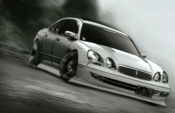 car drifting grey_car greyscale highres monochrome motion_blur motor_vehicle no_humans original outdoors shadow stance_(vehicle) suimagi toyota toyota_aristo vehicle_focus