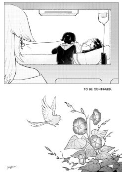 Rule 34 | 1boy, 2girls, air conditioner, alternate costume, alternate universe, animal ears, artist name, bare shoulders, bed, bird, blunt ends, casual, closed eyes, contemporary, earrings, english text, eyelashes, facing another, facing up, flower, fox ears, genshin impact, greyscale, highres, hood, hood down, hoodie, hospital bed, indoors, intravenous drip, jewelry, leaf, long hair, long sleeves, monochrome, mother and son, multiple girls, on bed, oxygen mask, plant, raiden shogun, scaramouche (genshin impact), sick, speech bubble, to be continued, unconscious, under covers, yae miko, yaginori