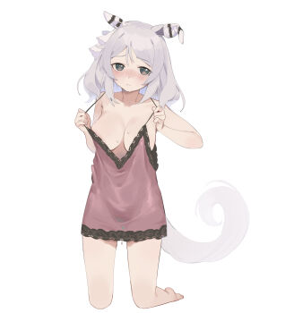 1girl animal_ears areola_slip babydoll blush breasts cleavage closed_mouth ear_covers full_body grey_eyes grey_hair highres hishi_miracle_(umamusume) horse_ears horse_girl horse_tail kneeling large_breasts looking_at_viewer medium_hair nose_blush pink_babydoll simple_background solo sweat tail umamusume uta_(xuyansong1996) white_background