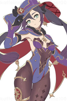 1girl black_choker black_gloves black_hair blue_leotard bodystocking breasts choker commentary covered_navel cowboy_shot earrings genshin_impact gloves green_eyes hat highleg highleg_leotard highres jewelry kaffeine100 leotard looking_at_viewer mona_(genshin_impact) parted_lips purple_hair simple_background single_earring small_breasts solo star_(symbol) star_earrings thighlet twintails white_background witch_hat