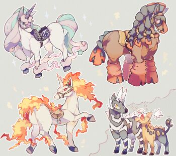 +_+ akadako animal_focus blue_eyes blue_hair blush bright_pupils closed_mouth colored_sclera ear_covers eye_contact fire full_body galarian_form galarian_rapidash gen_1_pokemon gen_2_pokemon gen_5_pokemon gen_7_pokemon gen_8_pokemon girafarig grey_background half-closed_eyes happy horse imagining lightning_bolt_symbol long_hair looking_at_another mudsdale multicolored_hair nintendo no_humans open_mouth outline pokedex_number pokemon pokemon_(creature) purple_eyes purple_hair rapidash red_eyes saddle simple_background smile sparkle speech_bubble standing thought_bubble two-tone_hair unicorn white_outline white_pupils yellow_sclera zebstrika