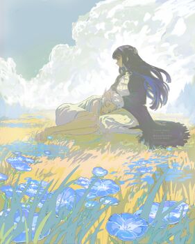Rule 34 | 2girls, absurdres, artist name, barefoot, black coat, black hair, closed eyes, closed mouth, cloud, cloudy sky, coat, commentary, cumulonimbus cloud, day, dress, elf, english commentary, feet, fern (sousou no frieren), field, flower, flower field, frieren, full body, headpat, highres, horizon, lap pillow, long hair, long sleeves, lying, lying on lap, multiple girls, on back, on side, outdoors, parted bangs, plain, pointy ears, profile, sitting, sky, sleeping, sleeping on person, sleeveless, sleeveless dress, sousou no frieren, toes, tristanbrardart, twitter username, watermark, white dress, white hair, yuri