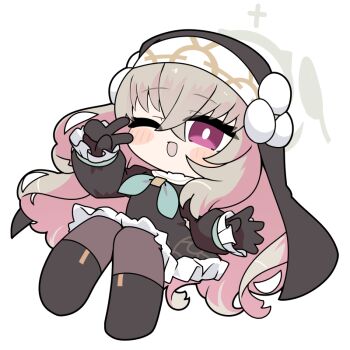 Rule 34 | 1girl, ;d, black boots, black dress, black gloves, blue archive, blush stickers, boots, brown hair, brown pantyhose, chibi, commentary request, dress, frilled dress, frilled sleeves, frills, full body, gloves, hair between eyes, halo, long hair, long sleeves, looking at viewer, miranofuudoria, nun, one eye closed, open mouth, pantyhose, puffy long sleeves, puffy sleeves, purple eyes, sakurako (blue archive), simple background, sleeves past wrists, smile, solo, v, v over eye, veil, very long hair, white background