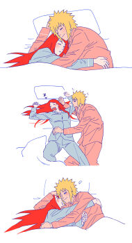 1boy 1girl arm_around_shoulder blonde_hair blue_pajamas blue_pants blue_shirt blush breasts closed_eyes couple cuddling drooling geonseung hetero highres hug light_smile long_hair medium_breasts mouth_drool namikaze_minato naruto_(series) open_mouth pajamas pants pillow pink_pajamas pink_pants pink_shirt red_hair sharp_teeth shirt short_hair sleeping snoring teeth under_covers uzumaki_kushina zzz