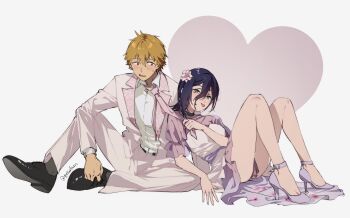 Rule 34 | 1boy, 1girl, black choker, black shoes, blonde hair, blue hair, blush, breasts, chainsaw man, choker, clothes grab, collared shirt, commentary, couple, denji (chainsaw man), dress, flower, formal clothes, full body, goku-chan, grenade pin, grey socks, hair between eyes, hair flower, hair ornament, hetero, high heels, highres, jacket, medium breasts, medium hair, necktie, necktie grab, neckwear grab, pants, parted lips, pink flower, pink jacket, pink necktie, pink pants, pink shirt, pink shoes, pink suit, reclining, reze (chainsaw man), see-through clothes, see-through shirt, sharp teeth, shirt, shoes, short hair, sitting, socks, strappy heels, suit, suit jacket, sweatdrop, teeth, tongue, tongue out, twitter username, valentine, white background, white dress, white shirt