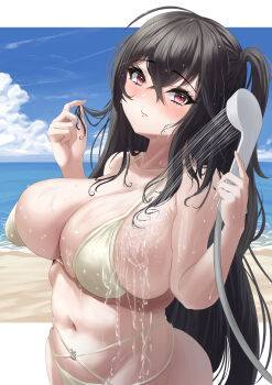 Rule 34 | 1girl, absurdres, azur lane, beach, bikini, black hair, blue sky, bouhuuu, breasts, clothed bath, highres, holding, holding own hair, holding shower head, huge breasts, long hair, looking at viewer, navel, ocean, red eyes, sand, shower head, showering, side ponytail, sky, solo, swimsuit, taihou (azur lane), taihou (seaside daydreams) (azur lane), undersized clothes, very long hair, wet