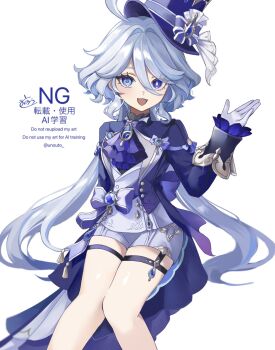 Rule 34 | 1girl, ahoge, ascot, blue ascot, blue eyes, blue gem, blue hair, blue hat, blue jacket, blue pupils, commentary, drop-shaped pupils, feet out of frame, furina (genshin impact), gem, genshin impact, gloves, hair between eyes, hair intakes, hand up, hat, heterochromia, highres, jacket, long hair, long sleeves, looking at viewer, mismatched pupils, multicolored hair, open mouth, short shorts, shorts, simple background, smile, solo, symbol-shaped pupils, thigh strap, top hat, twitter username, unouto, vest, watermark, white background, white gloves, white hair, white shorts, white vest