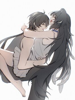 1boy 1girl alternate_costume barefoot black_hair blue_choker breasts chinese_commentary choker closed_eyes commentary_request dress feather_hair from_side highres hug invisible_chair kohane_kun long_hair male_rover_(wuthering_waves) medium_breasts on_lap open_mouth photo-referenced rover_(wuthering_waves) sitting smile toes very_long_hair white_dress wuthering_waves yangyang_(wuthering_waves)