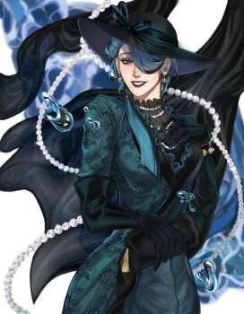 1girl bag black_gloves black_hair black_hat blue_hair bracelet earrings eel floppy_hat frills georgina_leech gloves gold_bracelet gold_earrings green_jacket hair_over_one_eye hair_over_shoulder hand_on_own_chest hat hat_ribbon highres holding holding_bag jacket jade_leech jade_leech_(shore&#039;s_celebration) jewelry kkalimarii long_hair looking_at_viewer low_ponytail mature_female multicolored_hair necklace pearl_necklace ponytail ribbon sharp_teeth smile streaked_hair teeth twisted_wonderland water_drop